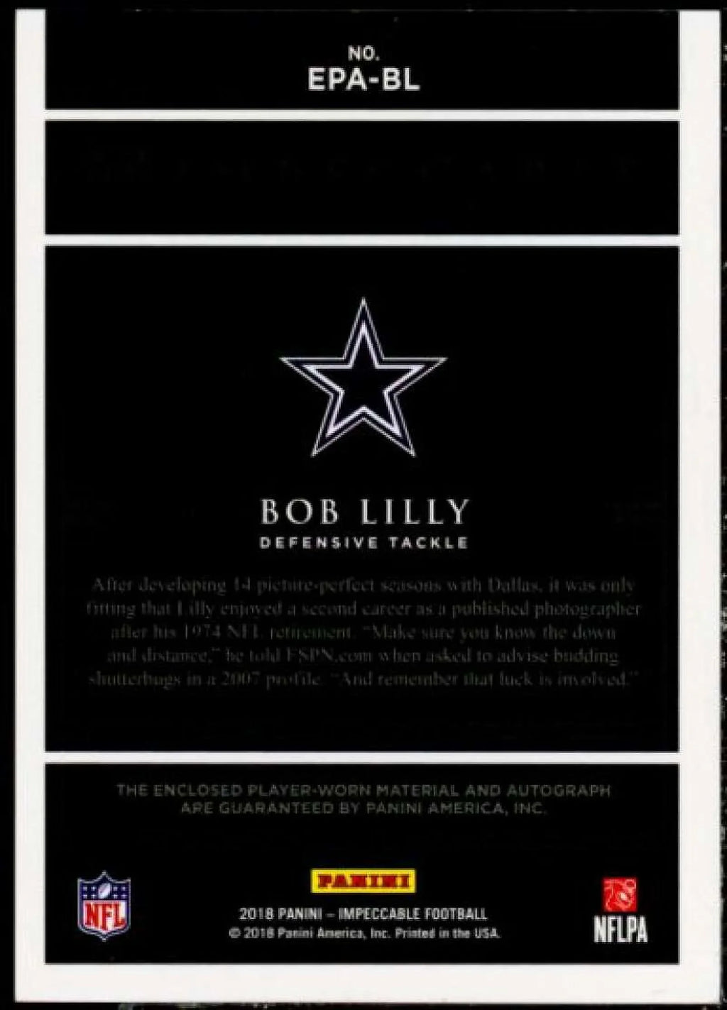 Bob Lilly Card 2018 Panini Impeccable Extravagance Patch Autographs #12