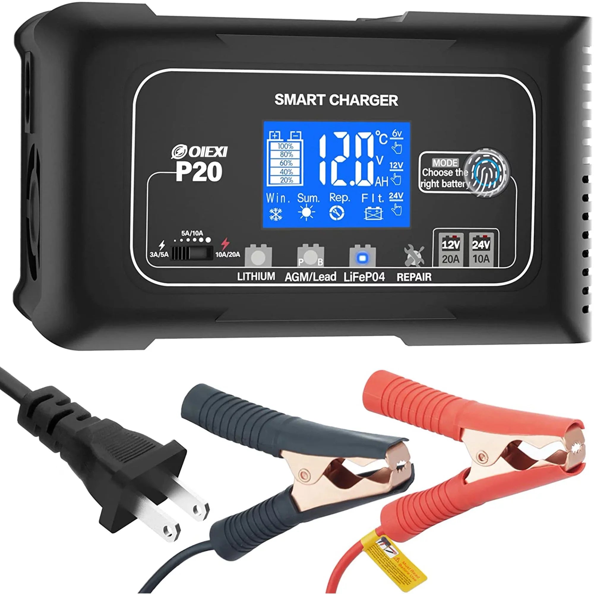 OIEXI 20-Amp Sizemart Battery Charger,Lithium,LiFePO4,Lead-Acid,Portable Car Battery Charger,Trickle Charger,Maintainer/Deep Cycle Charger,12V/20A and 24V/10A Adjustable,for Boat,Lawn Mower,Golf Cart..