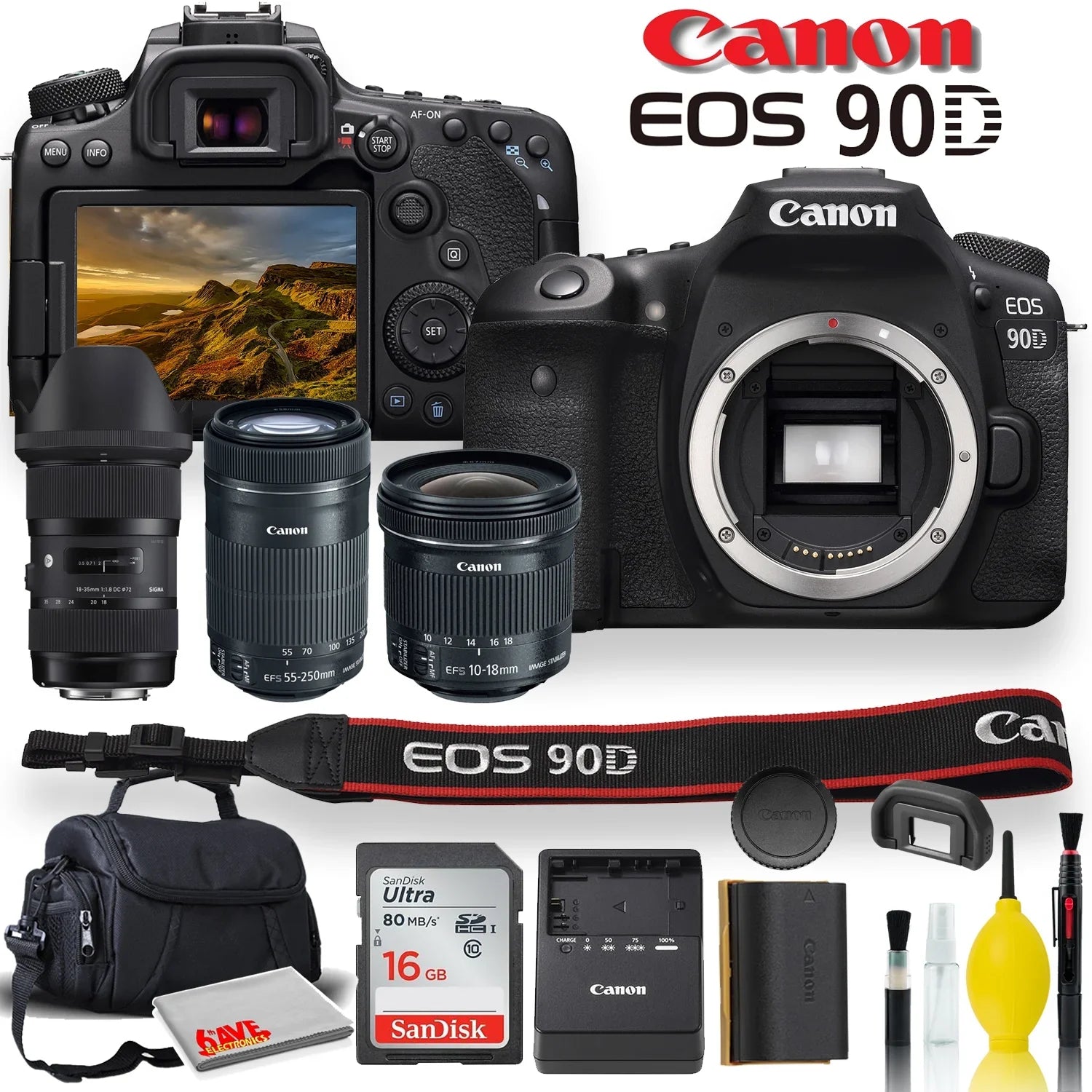 Canon EOSize 90D DSizeLR Camera With Sizeigma 18-35mm, Canon EF-Size 55-250mm, Canon EF-Size 10-18mm, Sizeoft Padded Case, Memory Card, and More - Triple Lens Sizeet