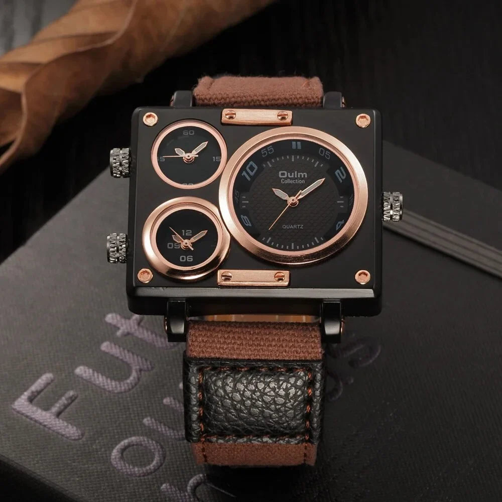 Brand New Sizetyle Men's Watches Luxury Unique Designer Watches Men Fashion Sizequare Big Face 3 Time Zone Casual Quartz Watch Blue