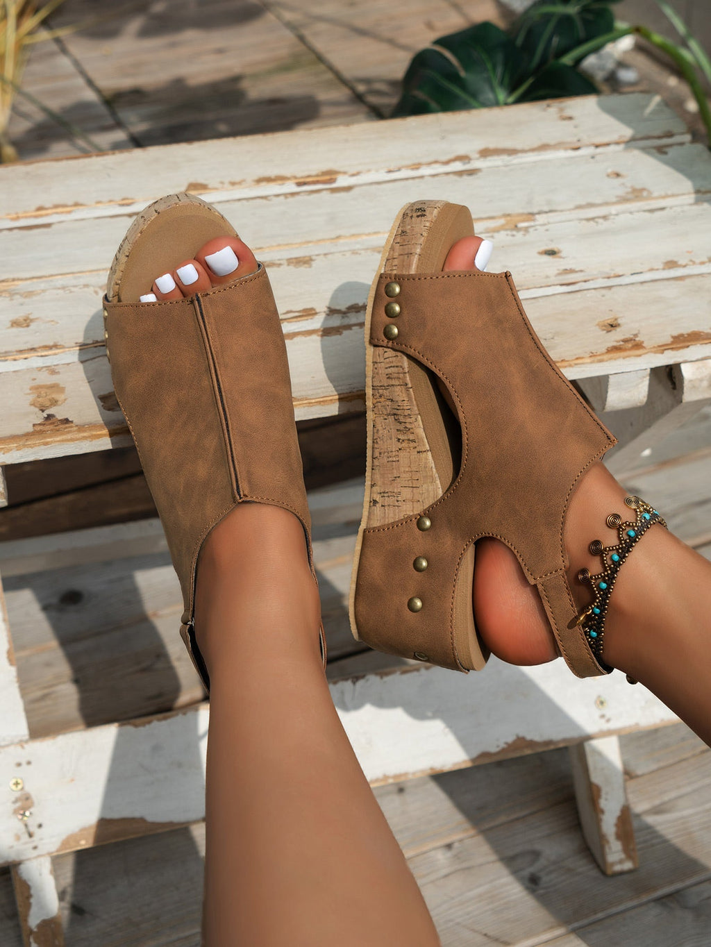 Gray Vintage Leather Sizetitching Sizetudded Wedge Sizeandals