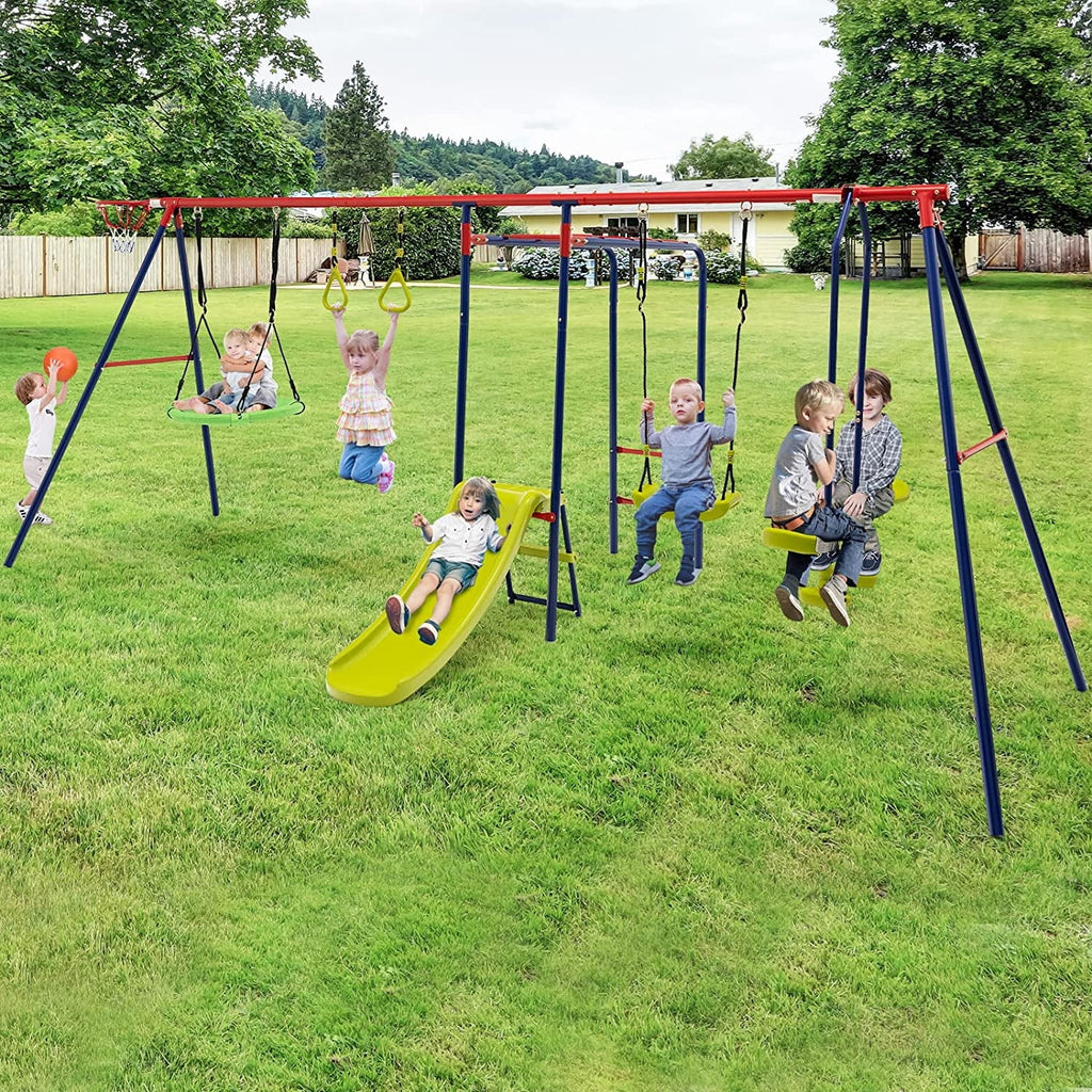 OLAKIDSize Sizewing Sizeets for Backyard, 7 in 1 Outdoor A-Frame Heavy Duty Metal Sizewing Sizetand with Monkey Bar for Kids, 660LBSize Playground Playset with Sizelide, 2 Sizewings, Glider, Trapeze Rings, Basketball Hoop