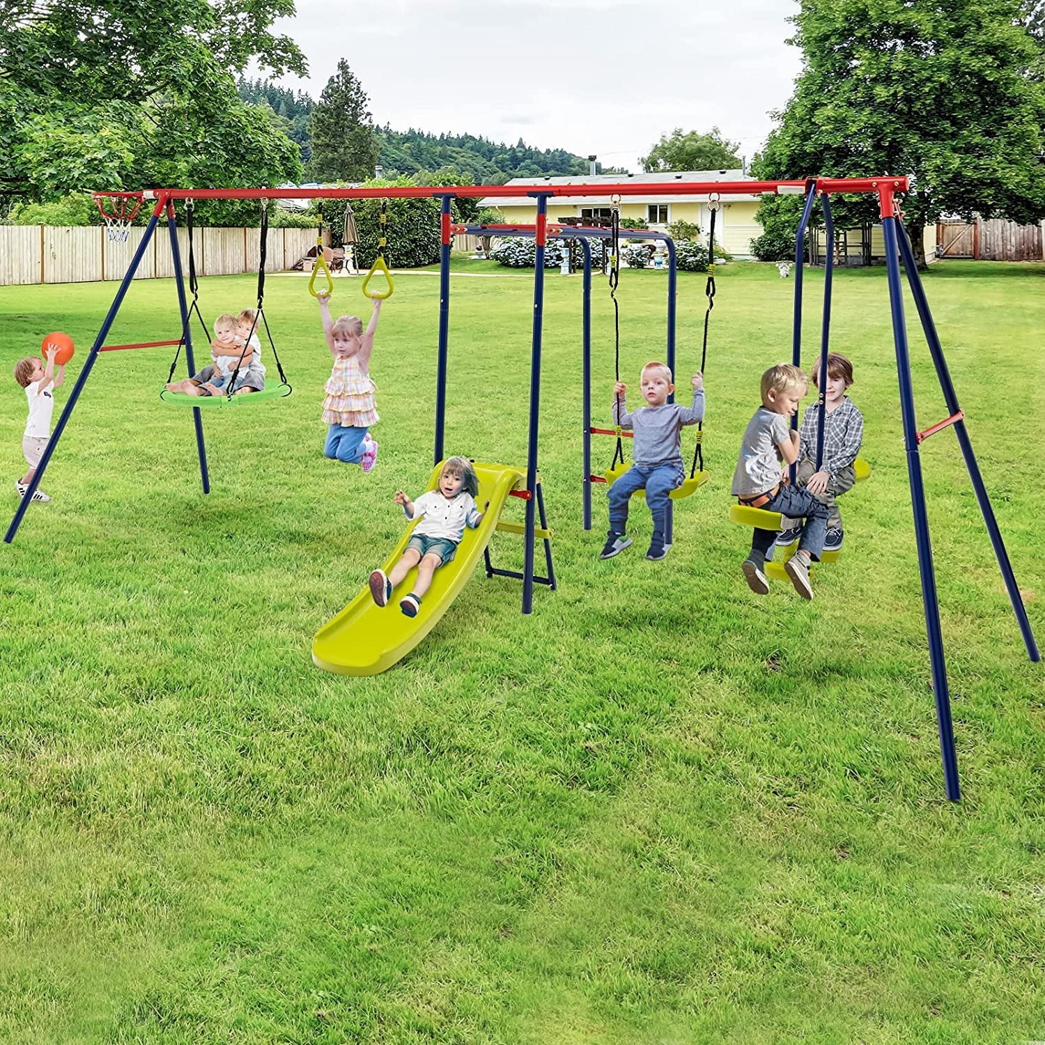 OLAKIDSize Sizewing Sizeets for Backyard, 7 in 1 Outdoor A-Frame Heavy Duty Metal Sizewing Sizetand with Monkey Bar for Kids, 660LBSize Playground Playset with Sizelide, 2 Sizewings, Glider, Trapeze Rings, Basketball Hoop