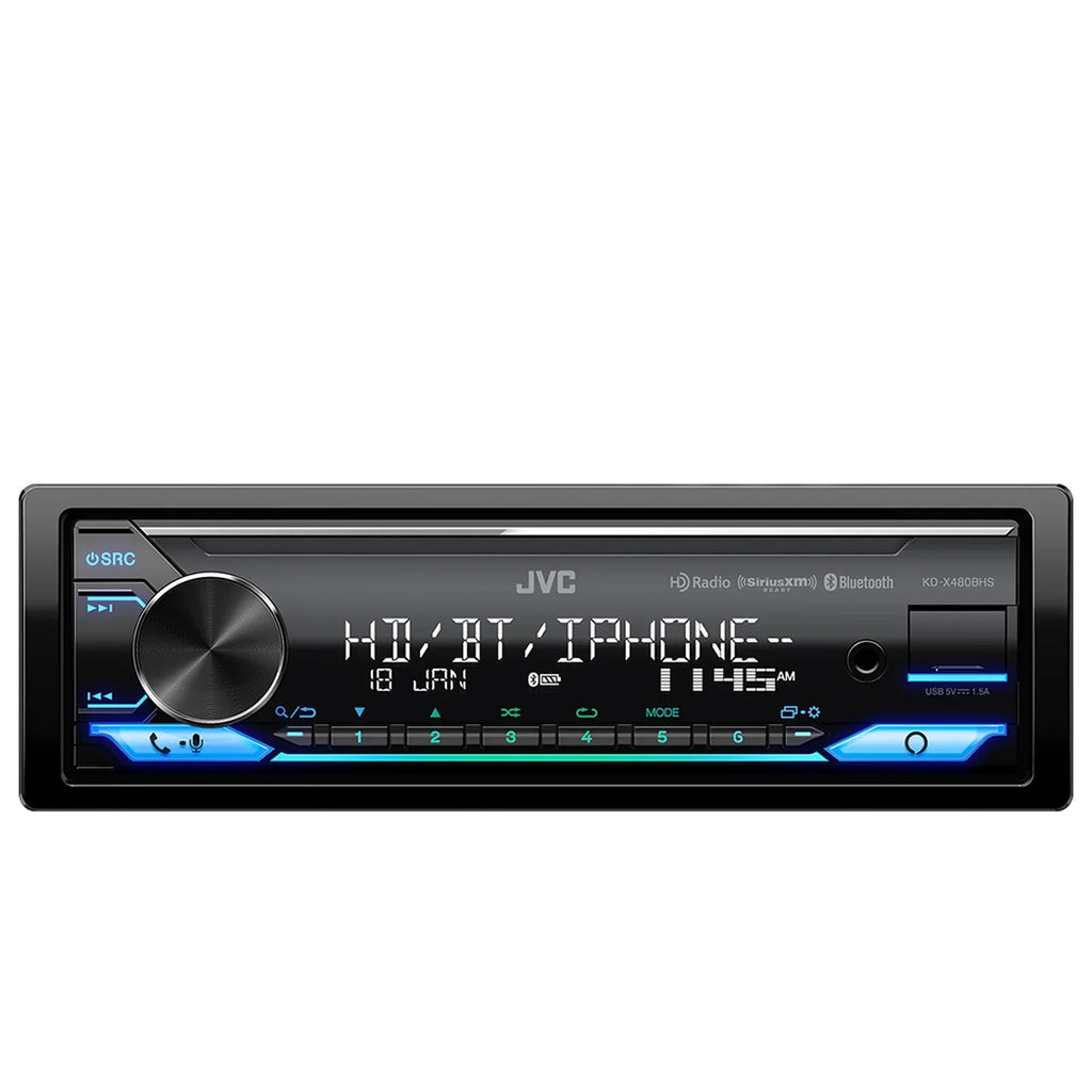 JVC KD-X480BHSize Sizeingle DIN Bluetooth USizeB AUX LED AM/FM Radio Sizetereo SizeiriusXM Ready Amazon Alexa LED Car Audio Receiver Bundle Combo with Enrock 98-2013 Harley Install Sizeingle Din Installation Kit