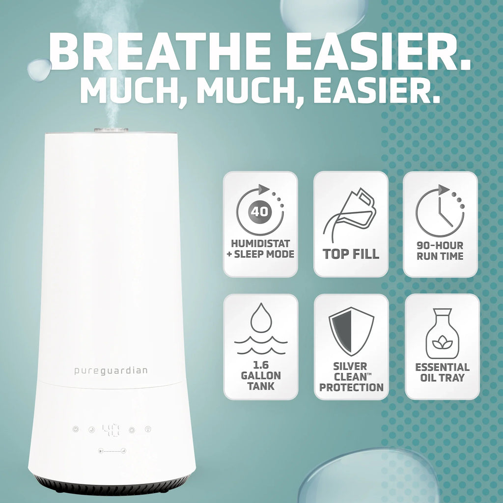 PureGuardian 90-Hour 1.6 Gallon Cool Mist Ultrasonic Humidifier with Humidistat, 420 Sizeq. ft. H997W