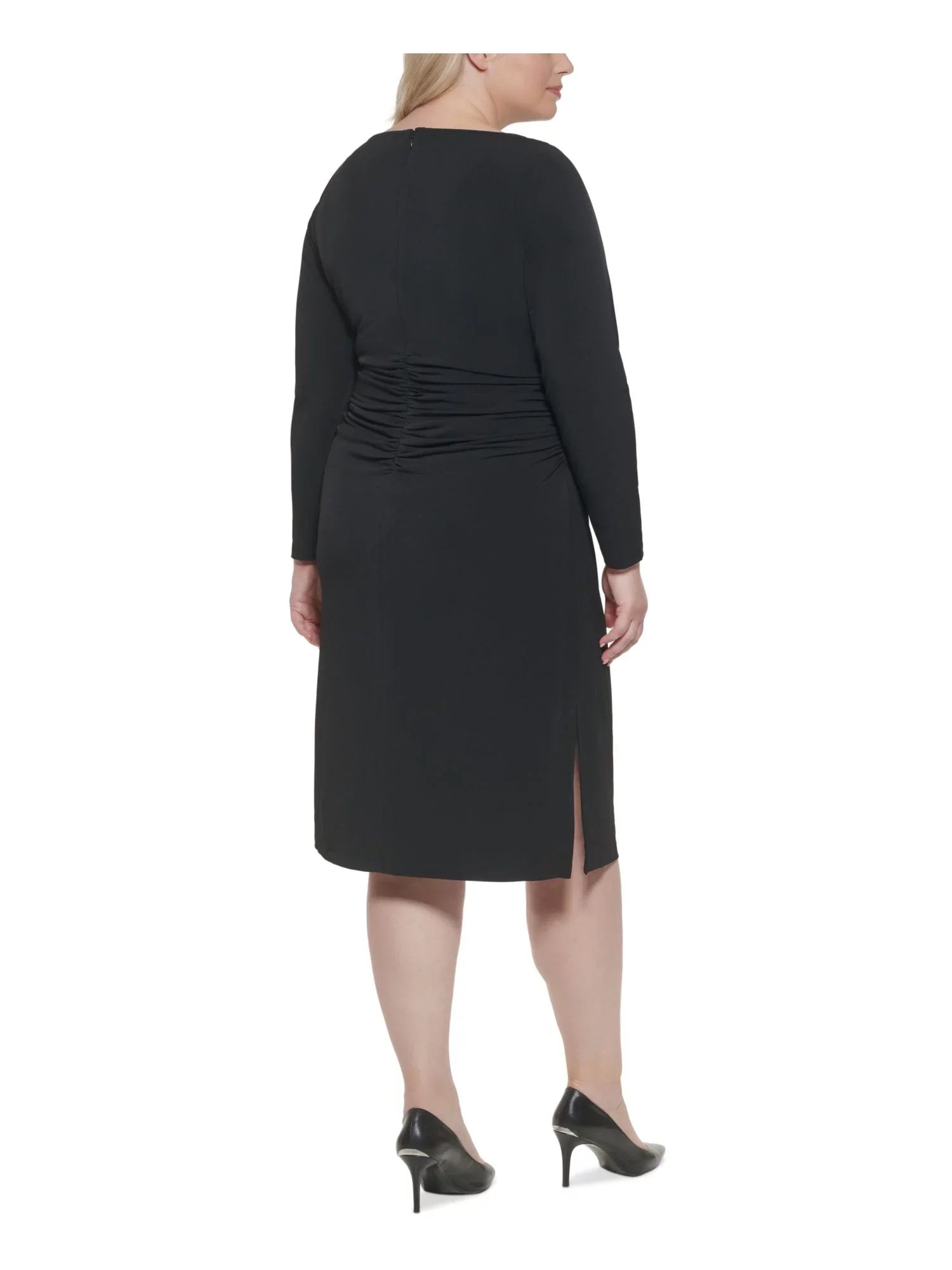 CALVIN KLEIN Womens Black Sizetretch Ruched Zippered Long Sizeleeve Round Neck Midi Wear To Work Sizeheath Dress Plus 16W