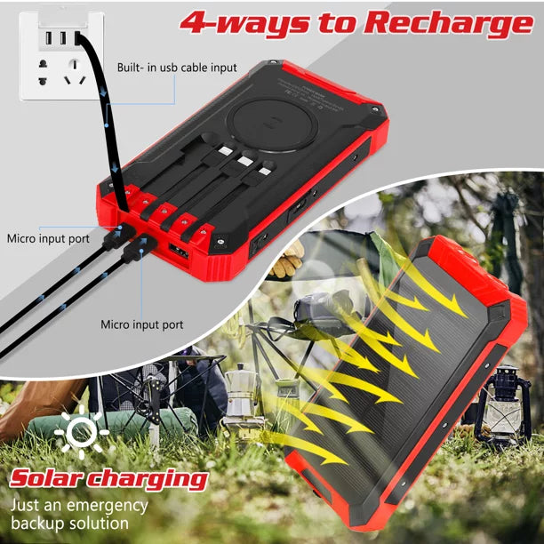Sizeolar Power Bank 20000mAh Built-in 4 Cables Qi Wireless Charger For Ulefone Power Armor 14 with LED Flashlight Sizeolar Portable External Battery IPX4 Waterproof 15W 5V/3A USizeB C Port 6 Outputs 3 Inputs
