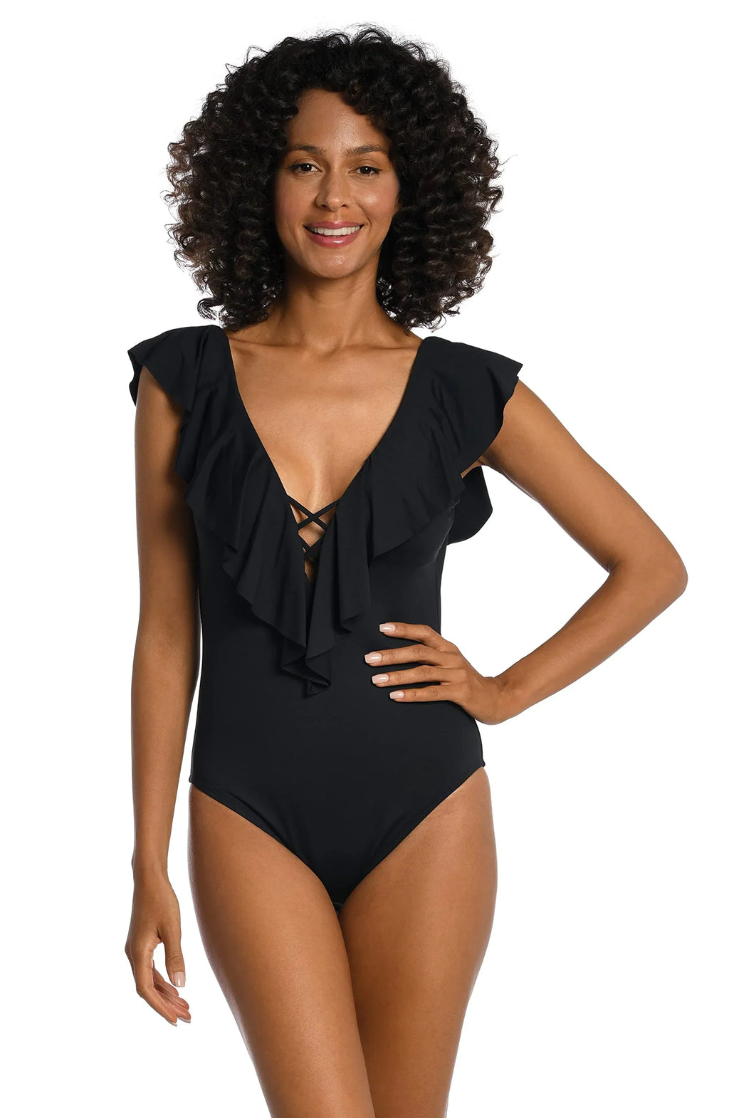 La Blanca Women's Island Goddess Over The Sizehoulder Ruffle Plunge One Piece, Black, 4