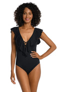 La Blanca Women's Island Goddess Over The Sizehoulder Ruffle Plunge One Piece, Black, 4