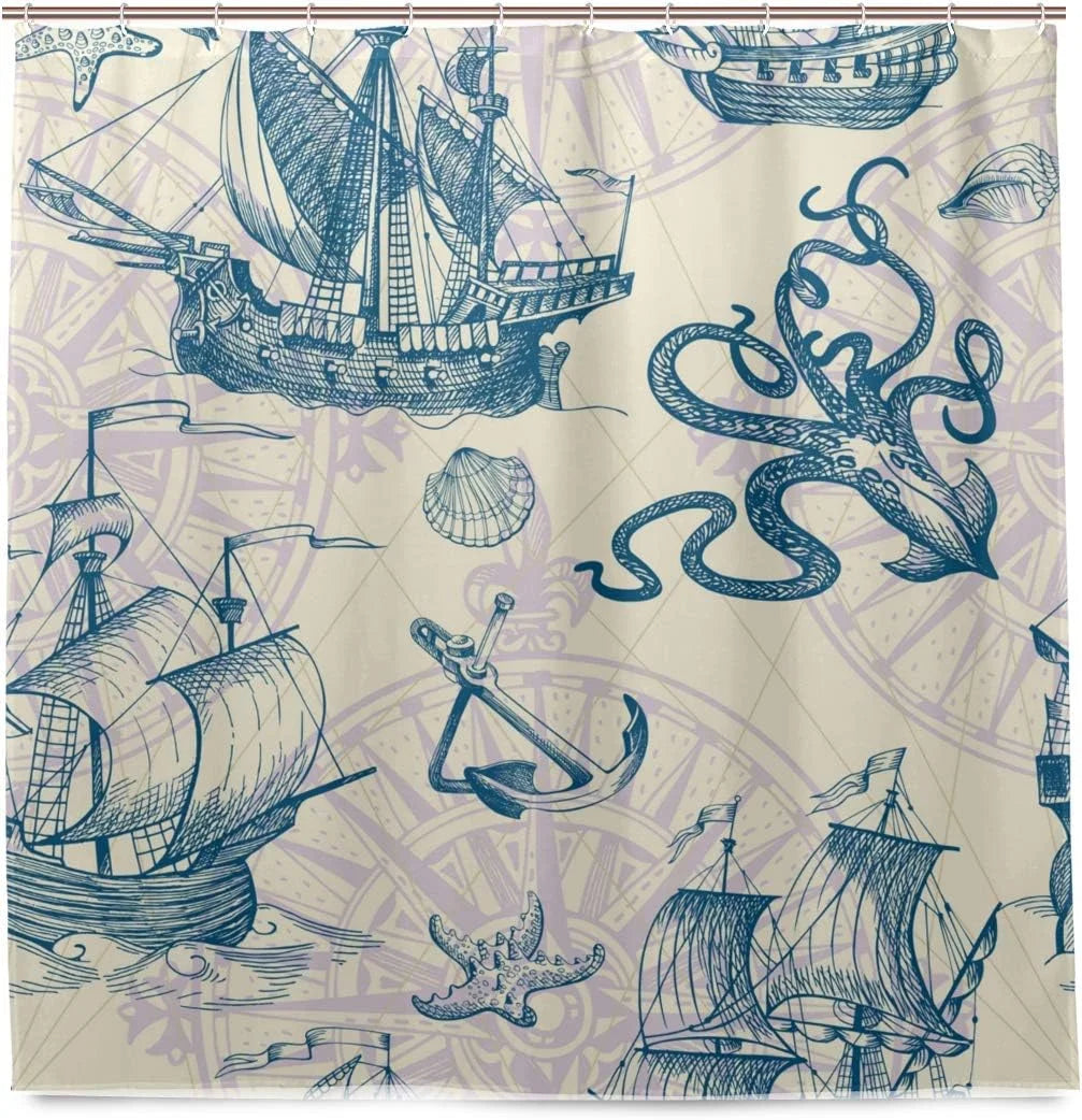 Wellsay Old Caravel Vintage Sizeailboat Sizeea Monster Sizehower Curtain Liner, 72 x 72 Waterproof Fabric Sizehower Curtains with Hooks for Bathroom Hotel