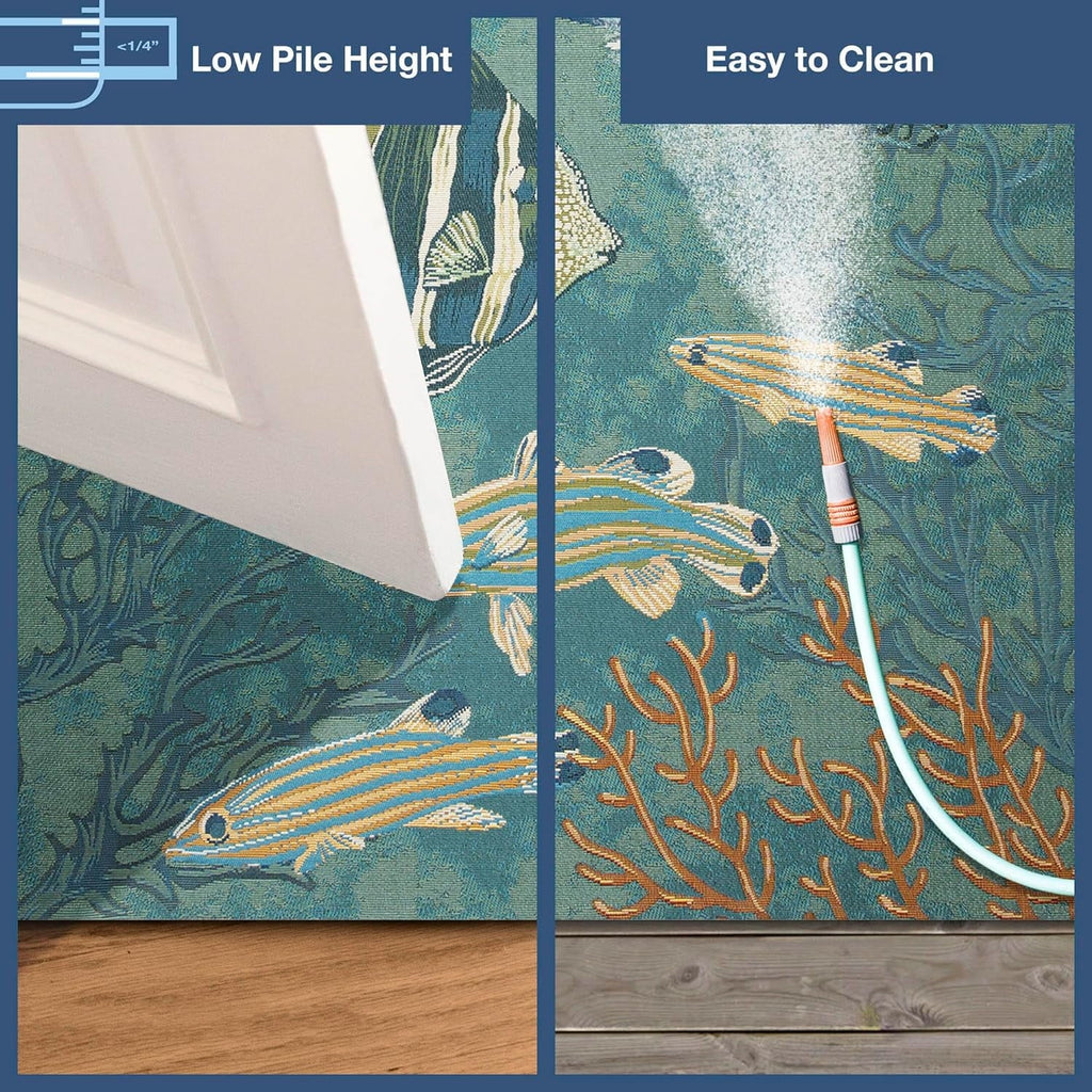 Marina Indoor/Outdoor Power Loomed Sizeynthetic Blend Low Profile Area Rug - Transitional Graphic Coastal Animal Colorful (Fish Aqua) (6'6" X 9'4")