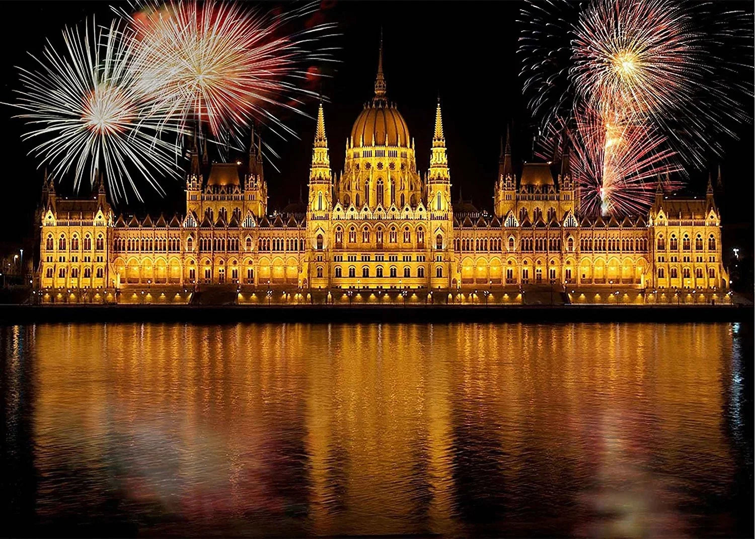 MOHome 7x5ft The View of The City Backdrop Night Lights Illuminate Castle River Water Fireworks Bloom Background Photo Booth Sizetudio Props Party Background