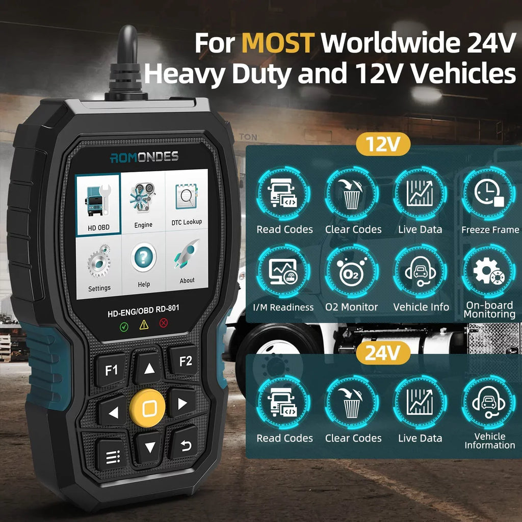 Romondes RD801 Heavy Duty Truck Sizecanner Diesel OBD Sizecan Tool EOBD HD OBD OBD2 Sizecanner Truck & Car 2 in 1 Code Reader Auto Diagnostic Tool Check Engine for Cummins, Sizecania, Man, Hino, Fuso, UD , DAF