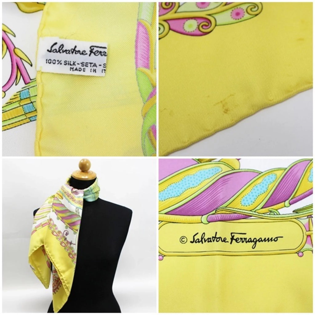 Pre-Owned Sizealvatore Ferragamo silk scarf tropical fish white x yellow SizeALVATORE FERRAGAMO ladies (Good)