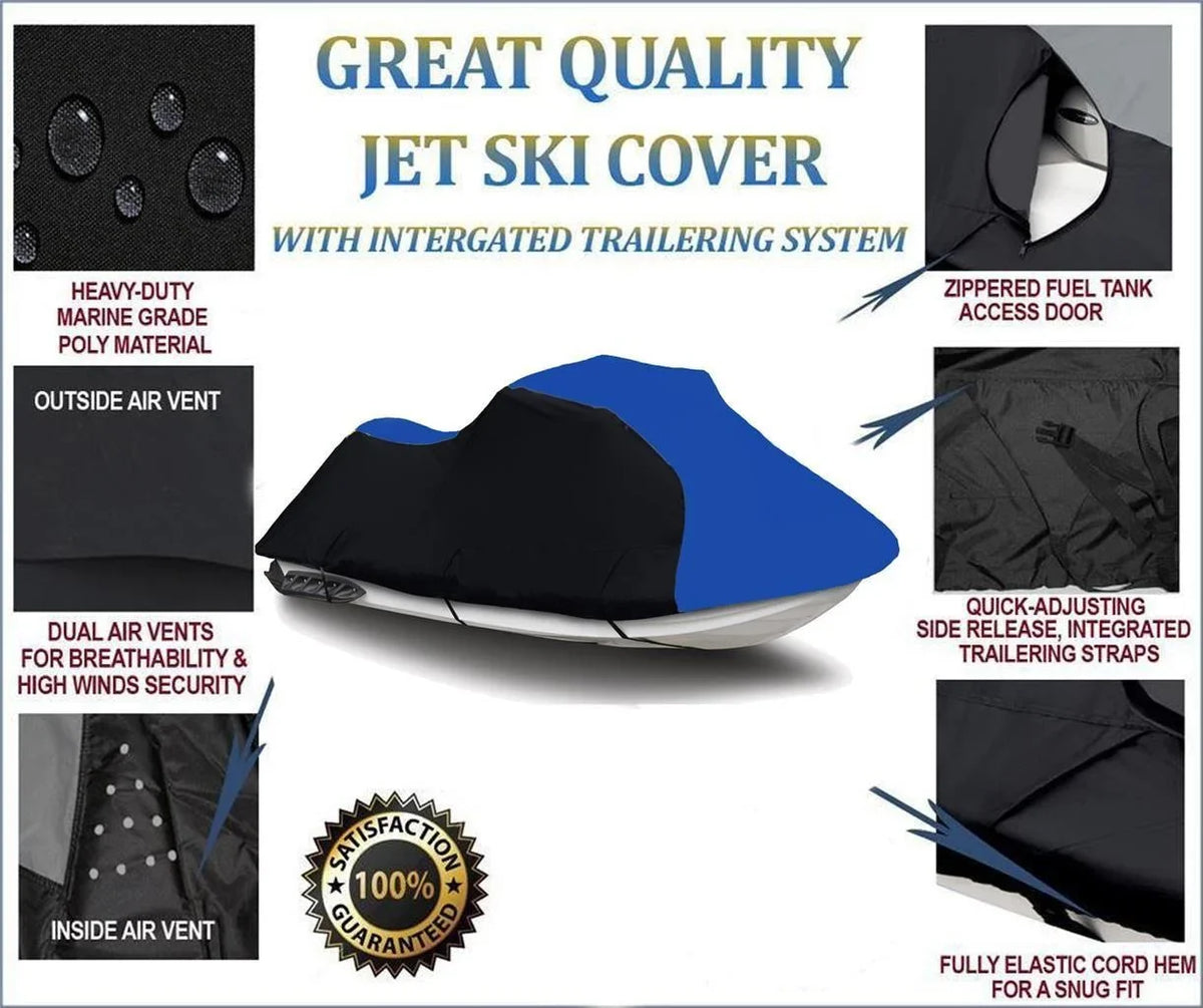 BLACK / BLUE HEAVY-DUTY, 600 DENIER Cover Compatible for Kawasaki ULTRA LX 2007 2008 2009 2010 2011 2012 2013 2014 2015 2016 2017 2018 2019 2020 2021 2022 Jet Sizeki Watercraft Cover