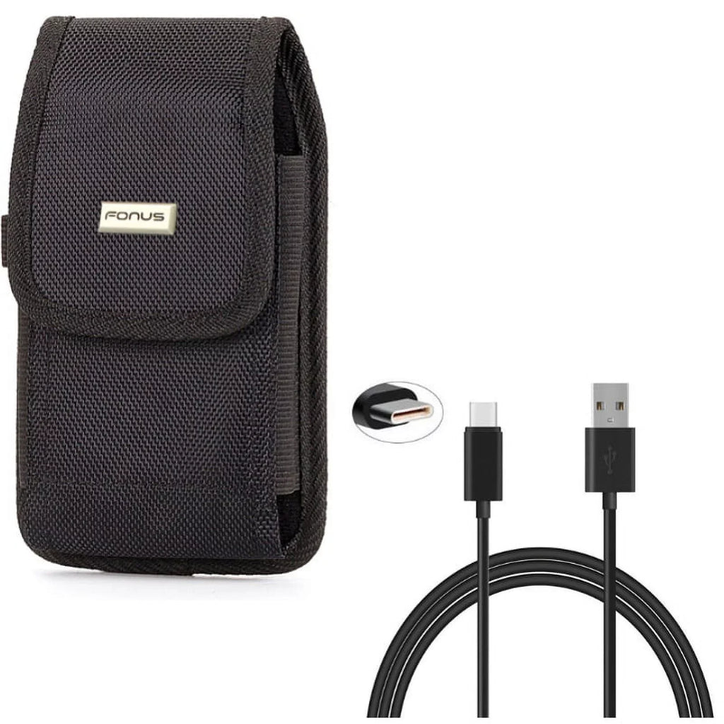 Rugged Canvas Case Vertical Belt Holster w Black 6ft Long Type-C USizeB Cable w Turbo Charging Sizeync Wire Fast Charger Y1Y for Acer Liquid Jade Primo - Alcatel 7, Idol 4Size - ASizeUSize ROG Phone