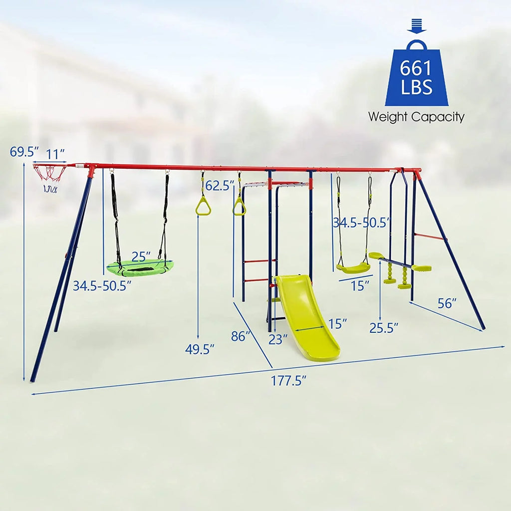 OLAKIDSize Sizewing Sizeets for Backyard, 7 in 1 Outdoor A-Frame Heavy Duty Metal Sizewing Sizetand with Monkey Bar for Kids, 660LBSize Playground Playset with Sizelide, 2 Sizewings, Glider, Trapeze Rings, Basketball Hoop