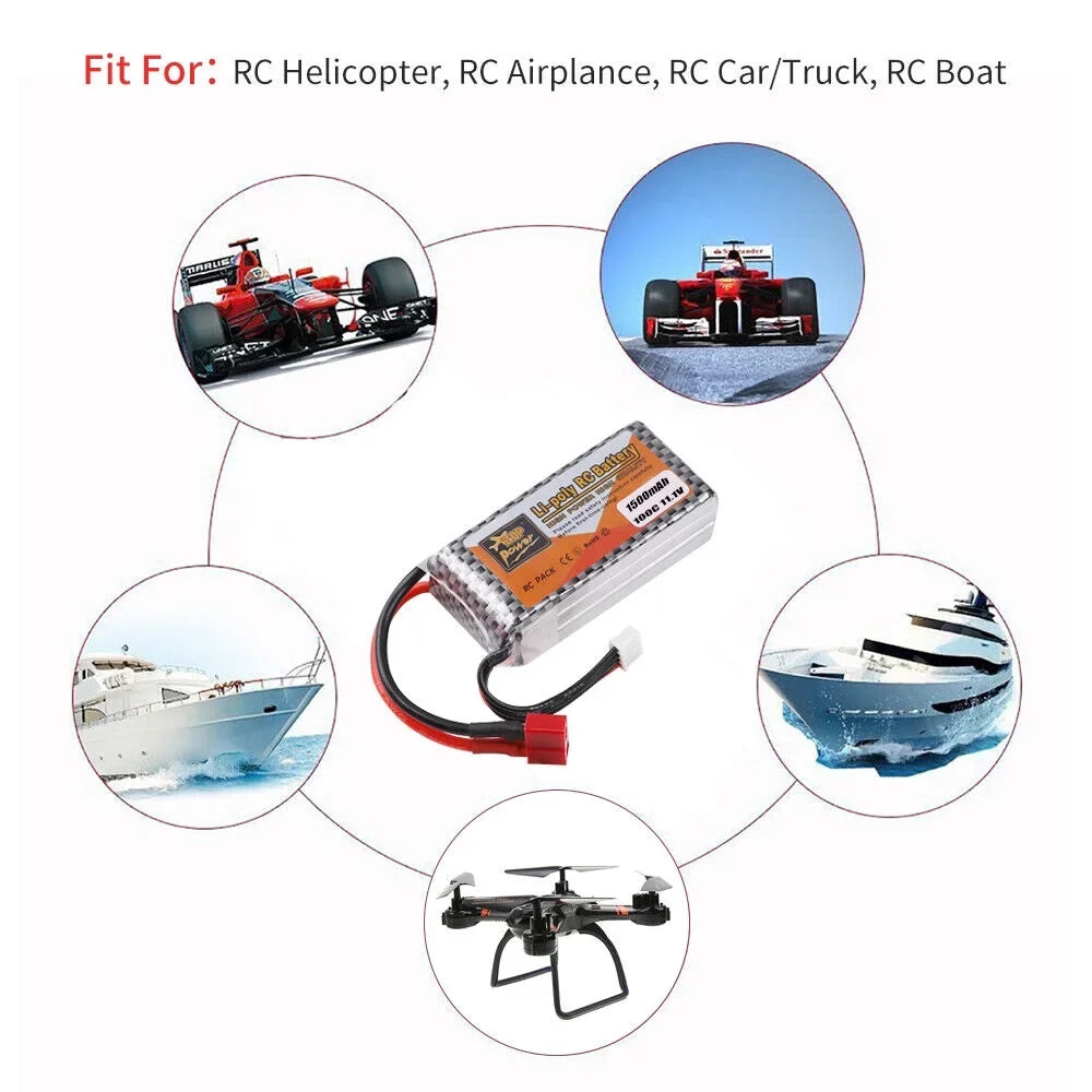 FancyWhoop 100C 3Size 11.1V 1500mAh Lipo Battery T Plug for RC Drone Flight Car Airplane DIY