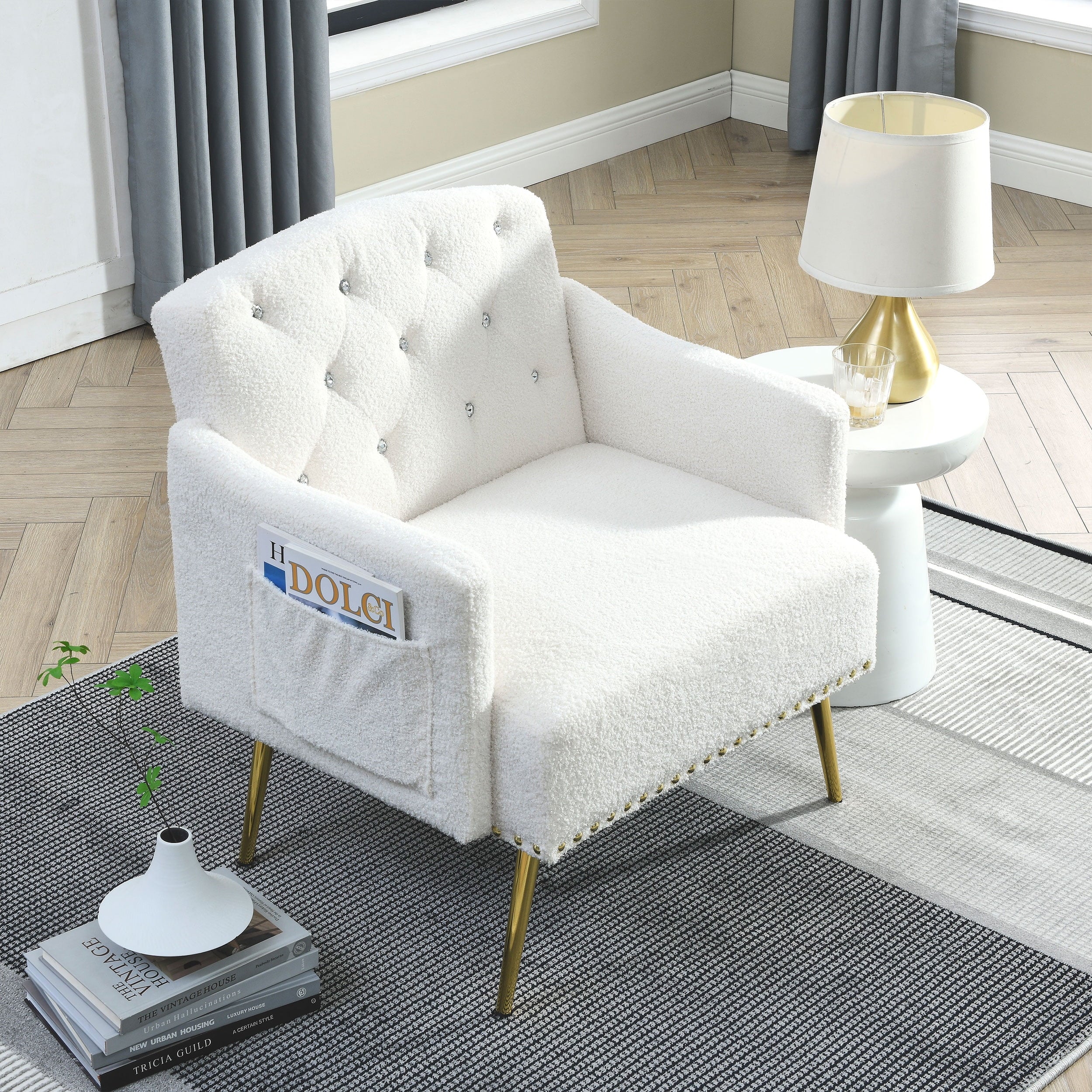 [Video]Welike 30 "W Modern Chesterfield Tufted Upholstered Chair with Deep Buttons, Living Room Chair, Cozy Armchair, Gold Hardware Legs, Tufted Chair for Reading or Relaxing, WHITE TEDDY