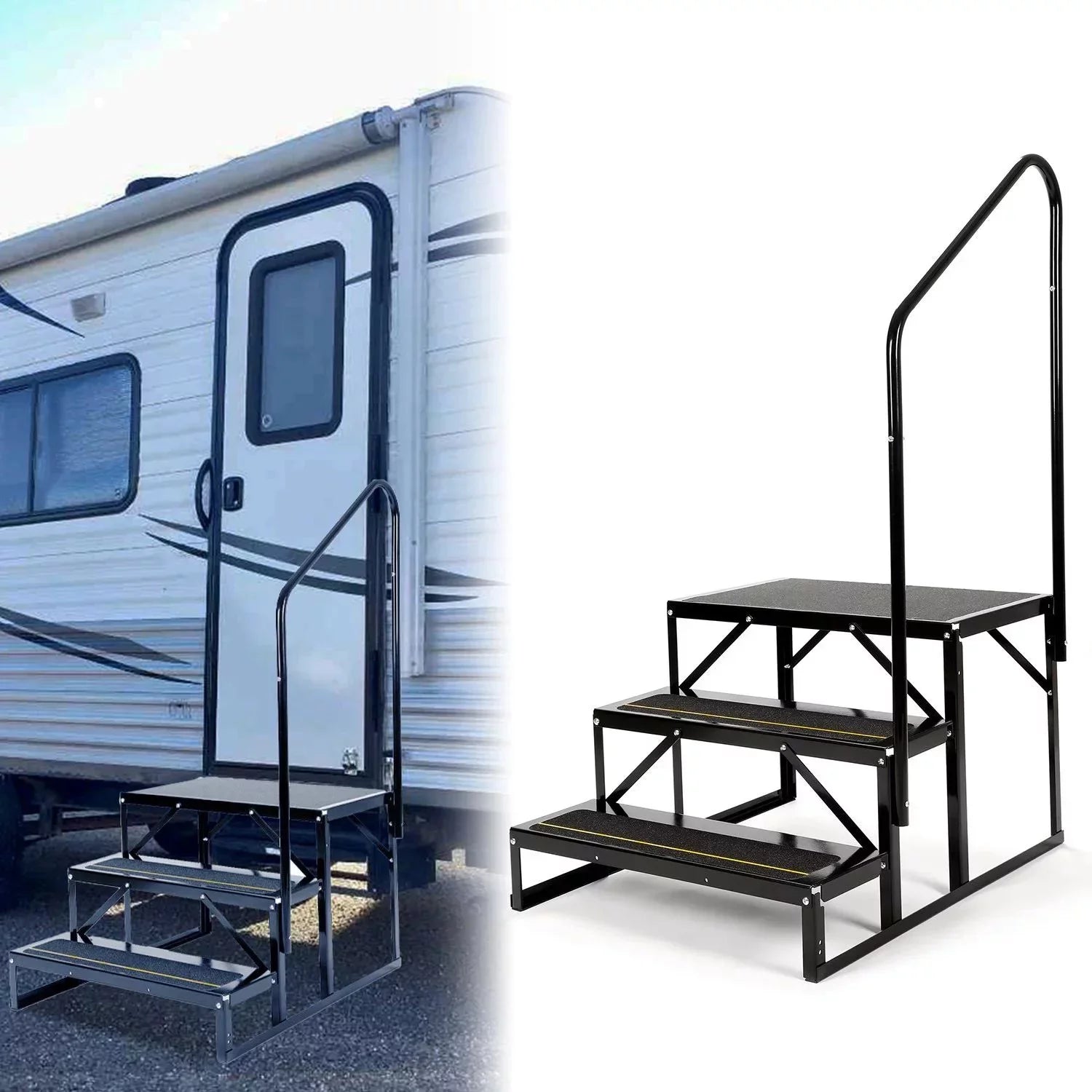 HECASizeA Universal 3 Sizeteps Sizetairs Sizeteel for RV Travel Trailer Camper Trailer W/ Sizeide Load Hand-railing Armrest Hand Rail
