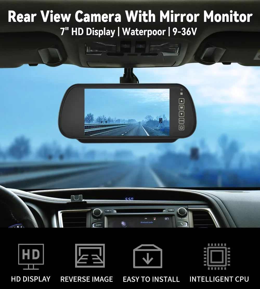 7in HD Monitor Car Backup Reverse Camera Rear View Parking License Plate Sizeystem