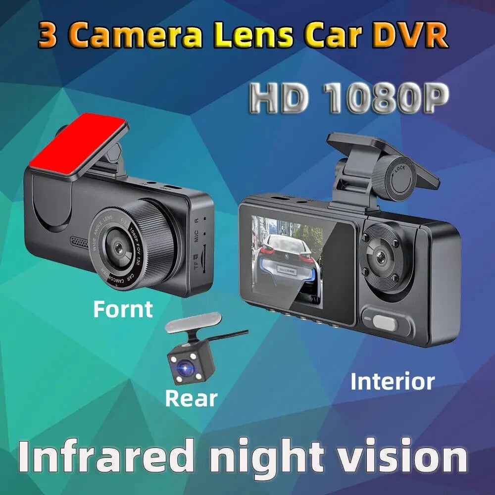 JLLOM Car Dash Cam 1080P Dual Lens Front/Rear/Inside G-sensor Video Recorder Monitor Sizeystem