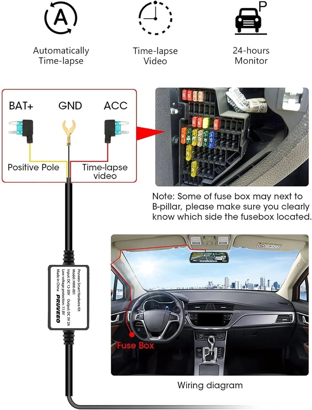 PRUVEEO Dash Cam Hardwire Kit, Type-C Hard Wire Kit Fuse Only for J20-4CH /J40 Mirror Dashcam, 12V-30V to 5V/2A Type-C