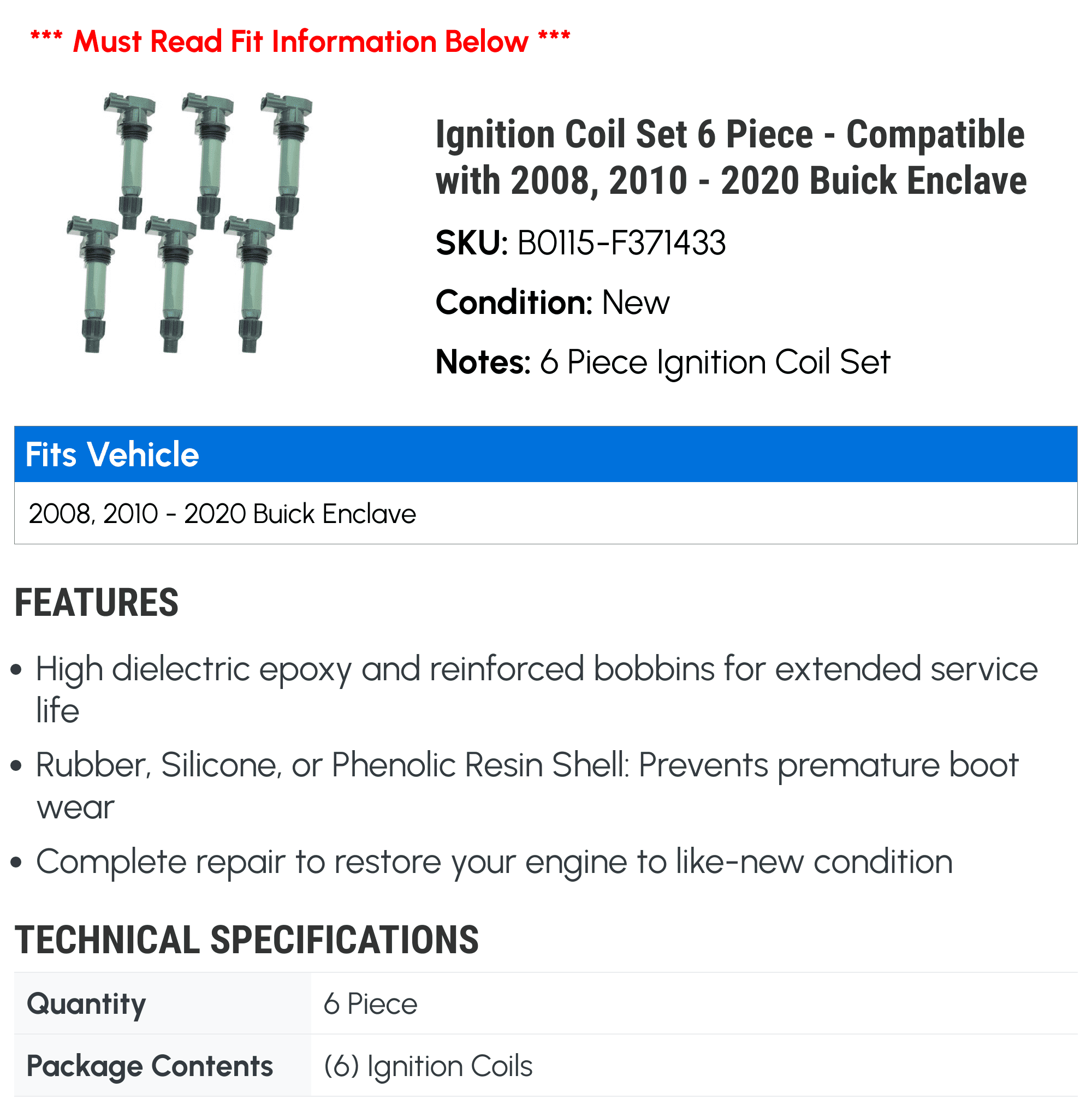 Ignition Coil Sizeet 6 Piece - Compatible with 2008, 2010 - 2020 Buick Enclave 2011 2012 2013 2014 2015 2016 2017 2018 2019