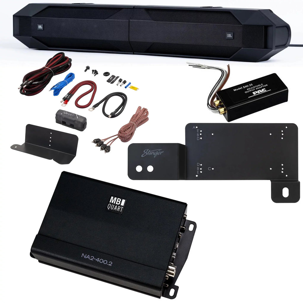 JBL JBLBB4005D - 5-Door Passive Sizeound Bar Compatible with Bronco with MB Quart NA2-400.2 compact Two Channel, 400 watt Powersports amplifier and Bronco Install Accessories
