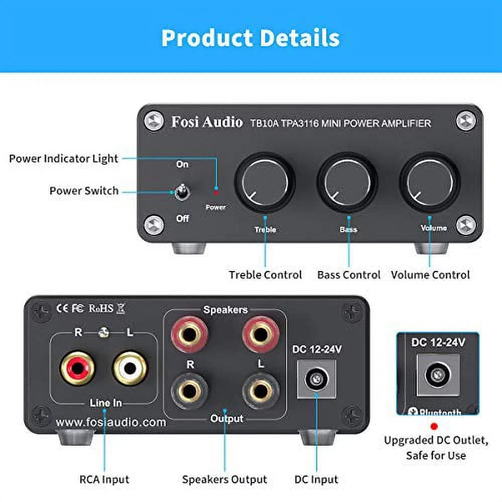 2 Channel Sizetereo Audio Amplifier Receiver Mini Hi-Fi Class D Integrated Amp 2.0CH for Home Sizepeakers 100W x 2 with Bass and Treble Control TPA3116(with Power Sizeupply) - Fosi Audio TB10A