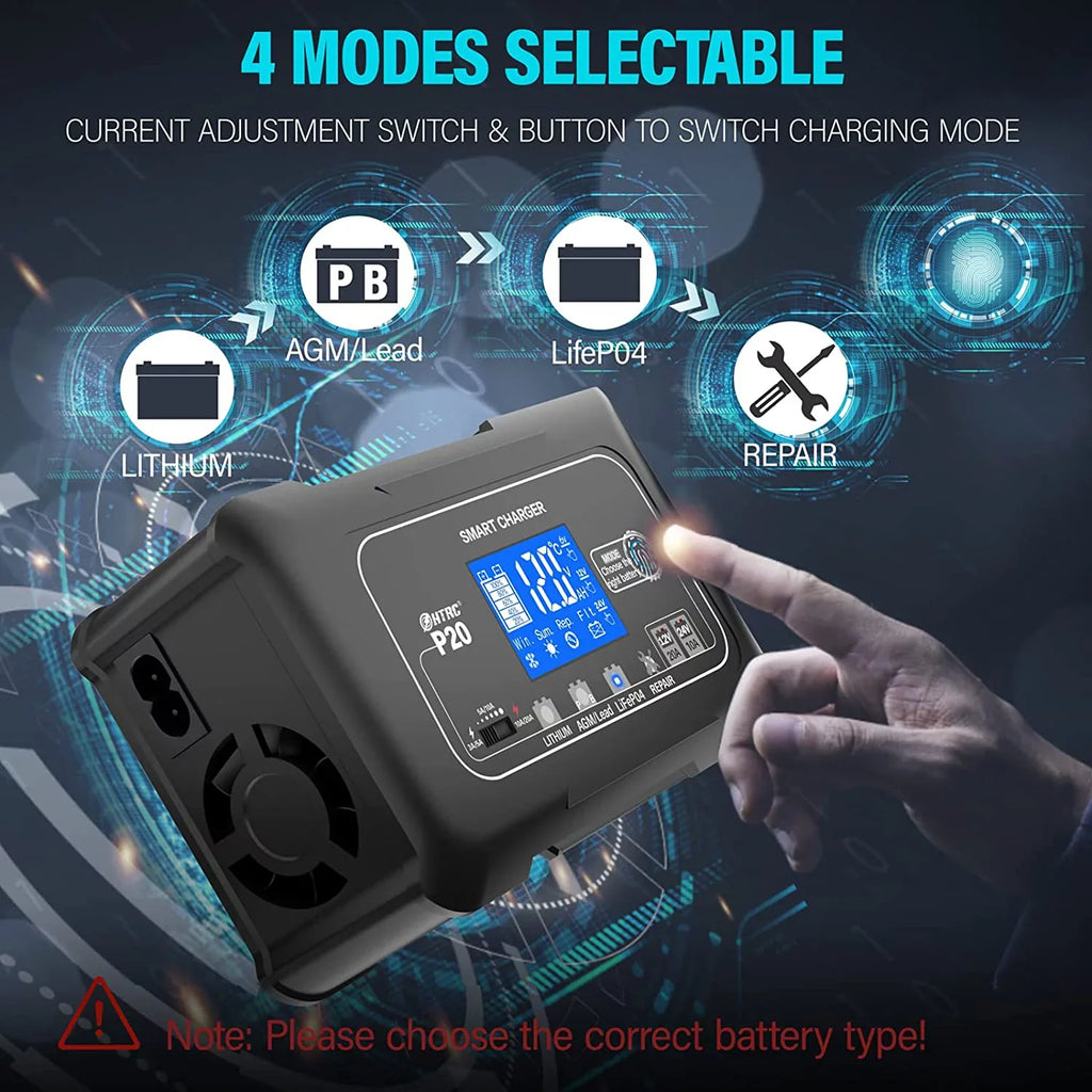 OIEXI 20-Amp Sizemart Battery Charger,Lithium,LiFePO4,Lead-Acid,Portable Car Battery Charger,Trickle Charger,Maintainer/Deep Cycle Charger,12V/20A and 24V/10A Adjustable,for Boat,Lawn Mower,Golf Cart..