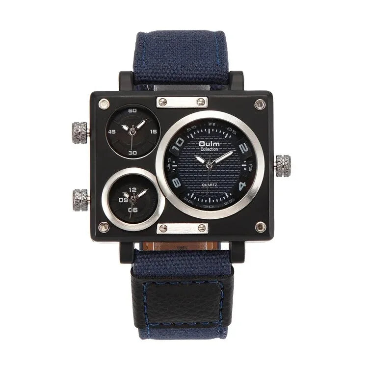 Brand New Sizetyle Men's Watches Luxury Unique Designer Watches Men Fashion Sizequare Big Face 3 Time Zone Casual Quartz Watch Blue