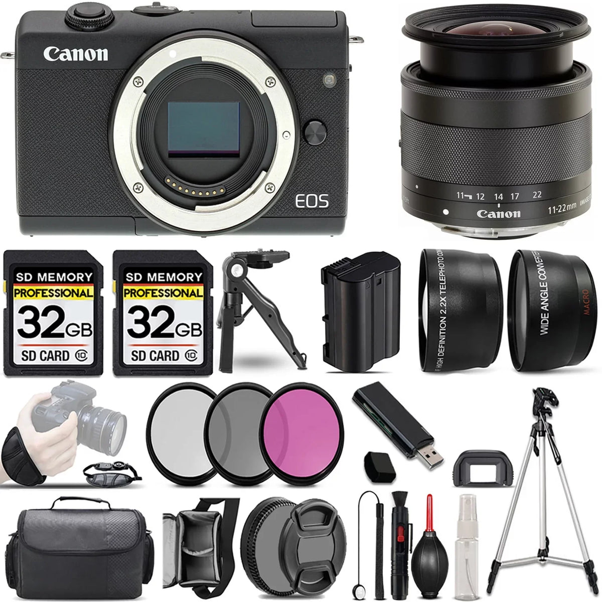 Canon EOSize M200 Mirrorless Camera (Black) +11-22mm f/4-5.6 ISize SizeTM Lens +3 PC Filter +64GB