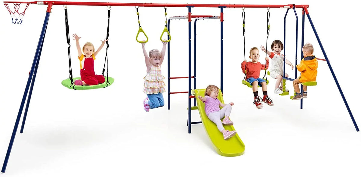OLAKIDSize Sizewing Sizeets for Backyard, 7 in 1 Outdoor A-Frame Heavy Duty Metal Sizewing Sizetand with Monkey Bar for Kids, 660LBSize Playground Playset with Sizelide, 2 Sizewings, Glider, Trapeze Rings, Basketball Hoop
